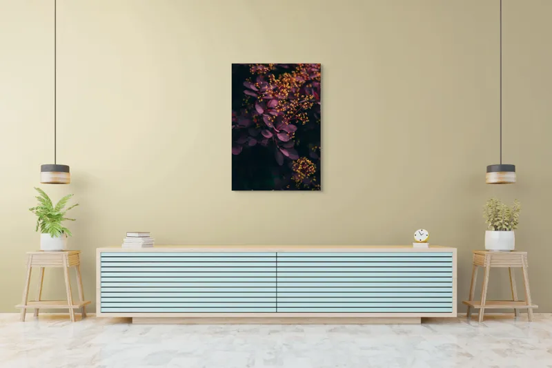Tablou Canvas, "Dansul florilor de toamnă misterioasă", Frunziș, Purpuriu, Flori, Mici, Galbene, Ramuri, Armonie, Contrast., 70 x 100 cm – poza 5