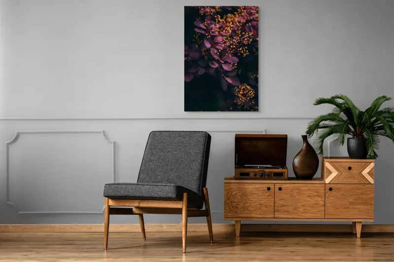 Tablou Canvas, "Dansul florilor de toamnă misterioasă", Frunziș, Purpuriu, Flori, Mici, Galbene, Ramuri, Armonie, Contrast., 70 x 100 cm – poza 6