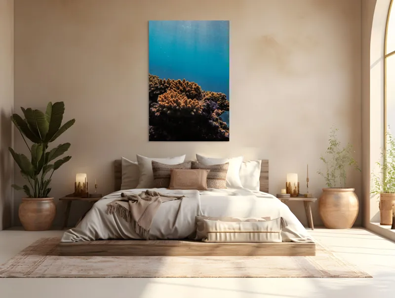 Tablou Canvas, "Corali în lumina strălucitoare a oceanului", Corali, Apă, Lumină, Albastru, Natură, Ecosistem, Ocean, Scufundare, Razele Soarelui, Viață Marină, 100 x 150 cm – poza 3