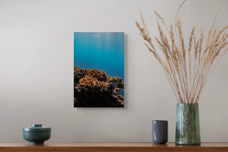 Tablou Canvas, "Corali în lumina strălucitoare a oceanului", Corali, Apă, Lumină, Albastru, Natură, Ecosistem, Ocean, Scufundare, Razele Soarelui, Viață Marină, 26 x 39 cm – poza 5