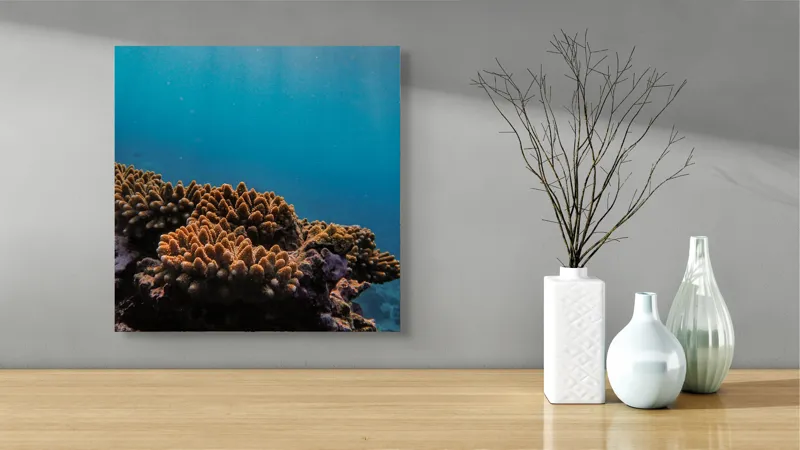 Tablou Canvas, "Corali în lumina strălucitoare a oceanului", Corali, Apă, Lumină, Albastru, Natură, Ecosistem, Ocean, Scufundare, Razele Soarelui, Viață Marină, 50 x 50 cm – poza 3