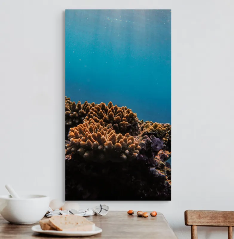Tablou Canvas, "Corali în lumina strălucitoare a oceanului", Corali, Apă, Lumină, Albastru, Natură, Ecosistem, Ocean, Scufundare, Razele Soarelui, Viață Marină, 50 x 90 cm – poza 3