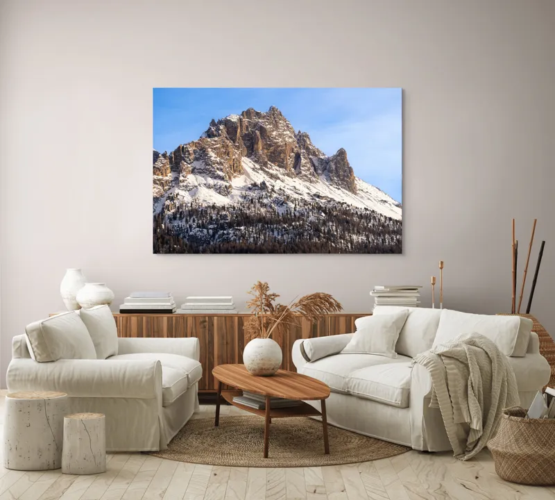 Tablou Canvas, "Măreția munților înghețați sub soare", Piatra, Măreție, Zăpadă, Cer, Pădure, 150 x 100 cm – poza 3