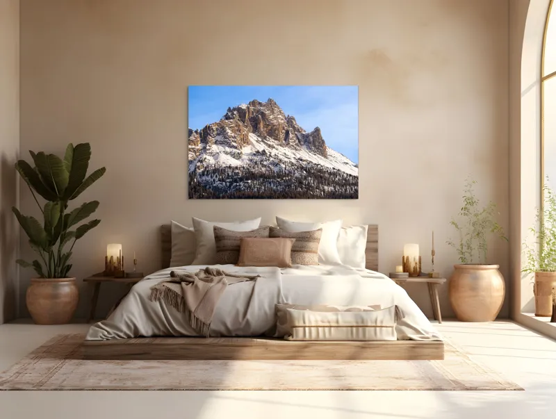 Tablou Canvas, "Măreția munților înghețați sub soare", Piatra, Măreție, Zăpadă, Cer, Pădure, 150 x 100 cm – poza 4