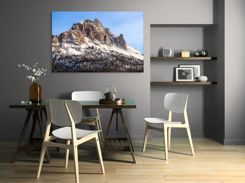 Tablou Canvas, "Măreția munților înghețați sub soare", Piatra, Măreție, Zăpadă, Cer, Pădure, 150 x 100 cm – poza 5