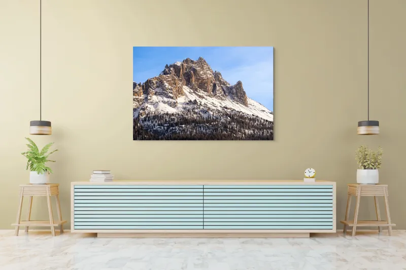 Tablou Canvas, "Măreția munților înghețați sub soare", Piatra, Măreție, Zăpadă, Cer, Pădure, 150 x 100 cm – poza 6