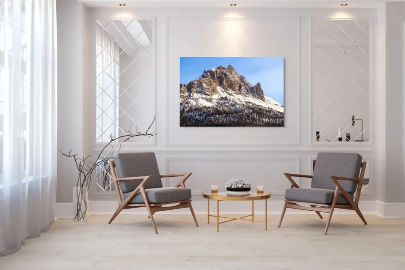 Tablou Canvas, "Măreția munților înghețați sub soare", Piatra, Măreție, Zăpadă, Cer, Pădure, 150 x 100 cm – poza 7