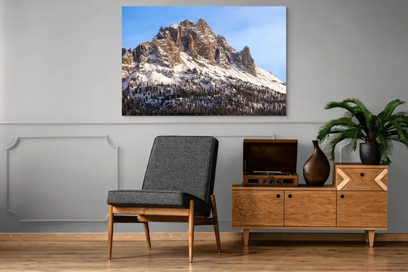 Tablou Canvas, "Măreția munților înghețați sub soare", Piatra, Măreție, Zăpadă, Cer, Pădure, 150 x 100 cm – poza 8