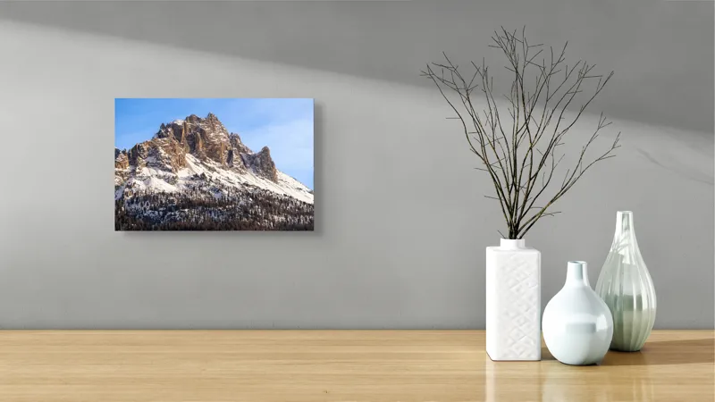Tablou Canvas, "Măreția munților înghețați sub soare", Piatra, Măreție, Zăpadă, Cer, Pădure, 39 x 26 cm – poza 8