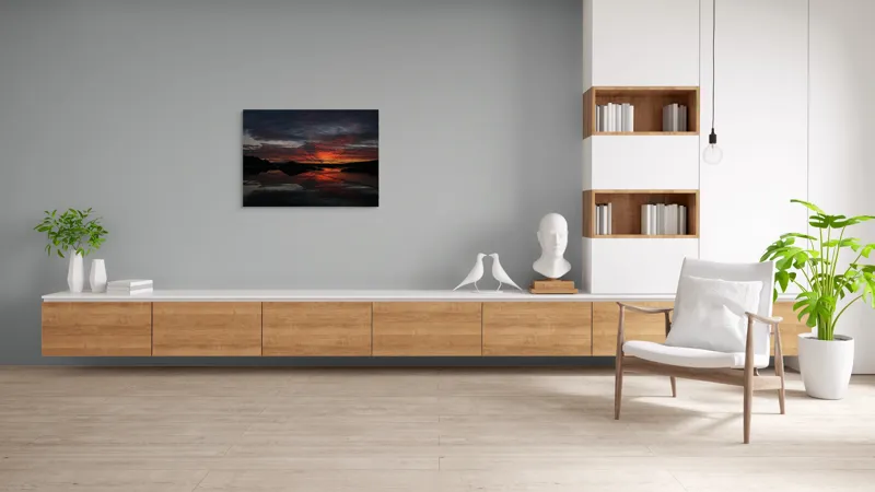 Tablou Canvas, "Reflexia cerului la apusul focos", Apus, Reflecție, Siluete, Apă, Nori, Roșu, Negru, Cer, Natură, Calm., 100 x 70 cm – poza 6