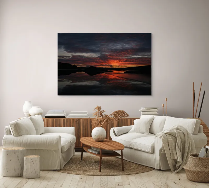 Tablou Canvas, "Reflexia cerului la apusul focos", Apus, Reflecție, Siluete, Apă, Nori, Roșu, Negru, Cer, Natură, Calm., 150 x 100 cm – poza 3