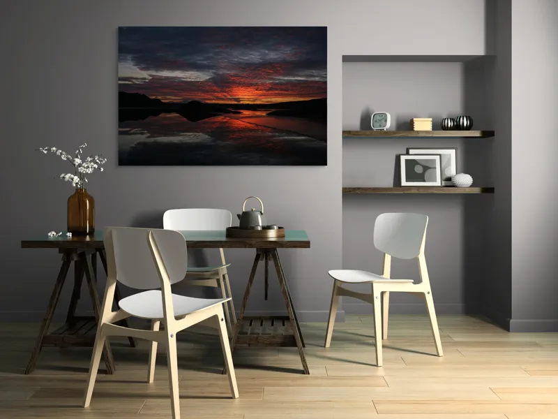 Tablou Canvas, "Reflexia cerului la apusul focos", Apus, Reflecție, Siluete, Apă, Nori, Roșu, Negru, Cer, Natură, Calm., 150 x 100 cm – poza 5