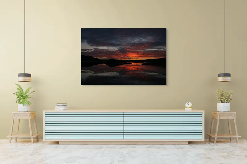 Tablou Canvas, "Reflexia cerului la apusul focos", Apus, Reflecție, Siluete, Apă, Nori, Roșu, Negru, Cer, Natură, Calm., 150 x 100 cm – poza 6