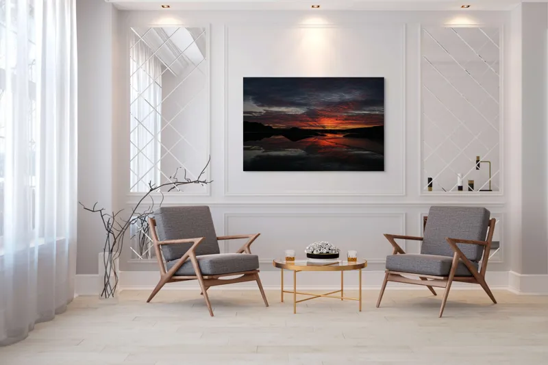 Tablou Canvas, "Reflexia cerului la apusul focos", Apus, Reflecție, Siluete, Apă, Nori, Roșu, Negru, Cer, Natură, Calm., 150 x 100 cm – poza 7