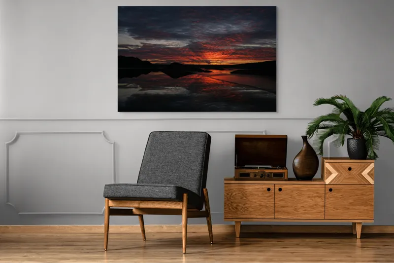 Tablou Canvas, "Reflexia cerului la apusul focos", Apus, Reflecție, Siluete, Apă, Nori, Roșu, Negru, Cer, Natură, Calm., 150 x 100 cm – poza 8