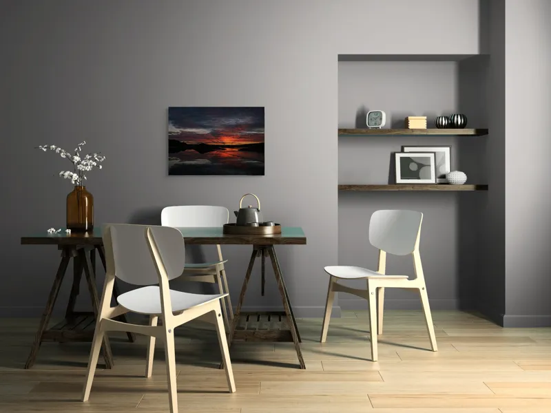 Tablou Canvas, "Reflexia cerului la apusul focos", Apus, Reflecție, Siluete, Apă, Nori, Roșu, Negru, Cer, Natură, Calm., 70 x 50 cm – poza 5