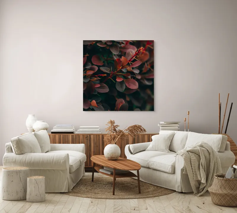 Tablou Canvas, "Culorile toamnei în frunziș dens", Frunze, Roșii, Întunecate, Textură, Natură, Contrast, Adâncime, Frumusețe, Verde, Vegetație, 100 x 100 cm – poza 3