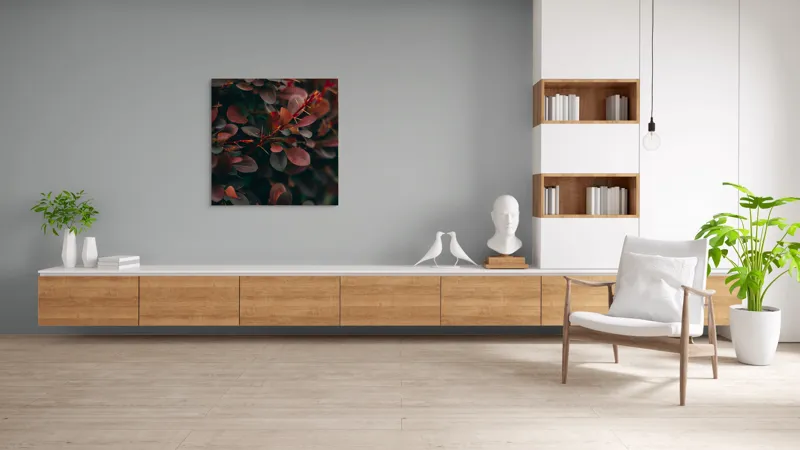 Tablou Canvas, "Culorile toamnei în frunziș dens", Frunze, Roșii, Întunecate, Textură, Natură, Contrast, Adâncime, Frumusețe, Verde, Vegetație, 100 x 100 cm – poza 8