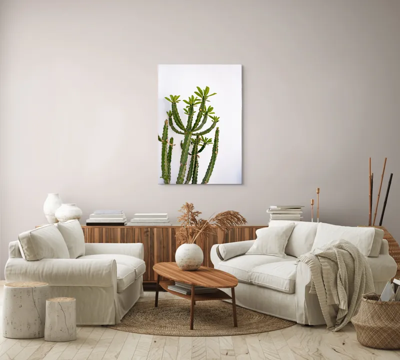 Tablou Canvas, "Cactus în lumina dimineții", Cactus, Verde, Frunze, Perete, Natural, Simplu, Contrast, Minimalist, Peisaj., 70 x 100 cm – poza 4