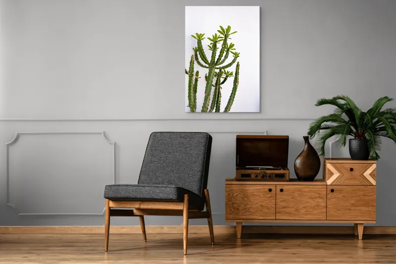 Tablou Canvas, "Cactus în lumina dimineții", Cactus, Verde, Frunze, Perete, Natural, Simplu, Contrast, Minimalist, Peisaj., 70 x 100 cm – poza 6