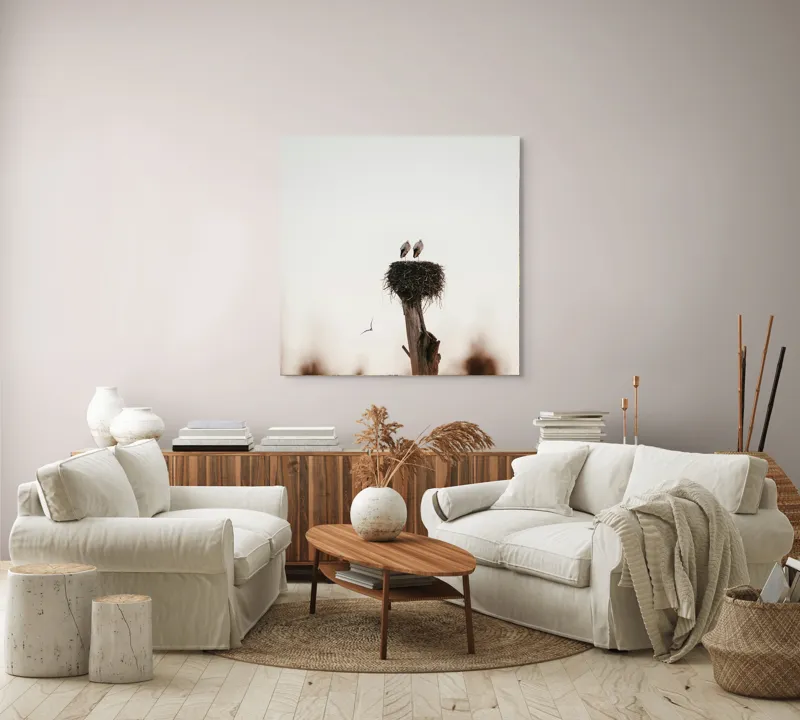 Tablou Canvas, "Întâlnire pe cuibul înalt", Cer, Cuib, Barză, Pasăre, Zbor, Natură, Liniște, Lemn, Apus, Pene, 100 x 100 cm – poza 3