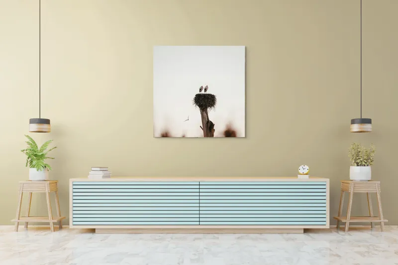 Tablou Canvas, "Întâlnire pe cuibul înalt", Cer, Cuib, Barză, Pasăre, Zbor, Natură, Liniște, Lemn, Apus, Pene, 100 x 100 cm – poza 5