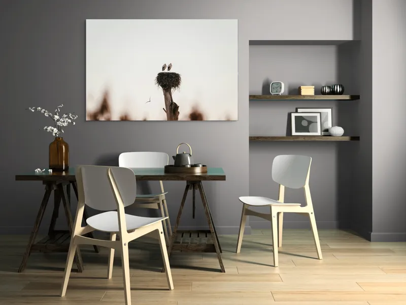 Tablou Canvas, "Întâlnire pe cuibul înalt", Cer, Cuib, Barză, Pasăre, Zbor, Natură, Liniște, Lemn, Apus, Pene, 150 x 100 cm – poza 5