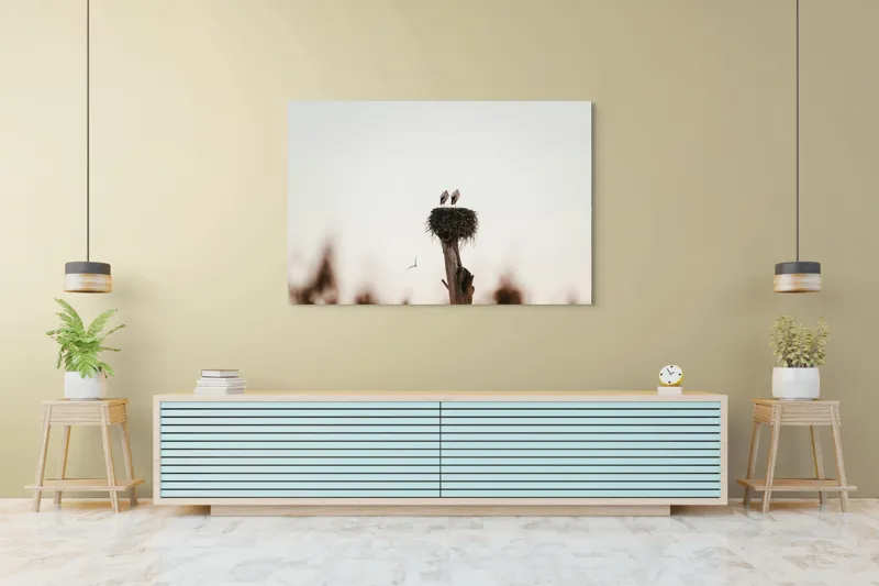 Tablou Canvas, "Întâlnire pe cuibul înalt", Cer, Cuib, Barză, Pasăre, Zbor, Natură, Liniște, Lemn, Apus, Pene, 150 x 100 cm – poza 6