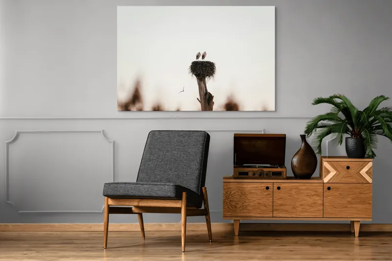 Tablou Canvas, "Întâlnire pe cuibul înalt", Cer, Cuib, Barză, Pasăre, Zbor, Natură, Liniște, Lemn, Apus, Pene, 150 x 100 cm – poza 8
