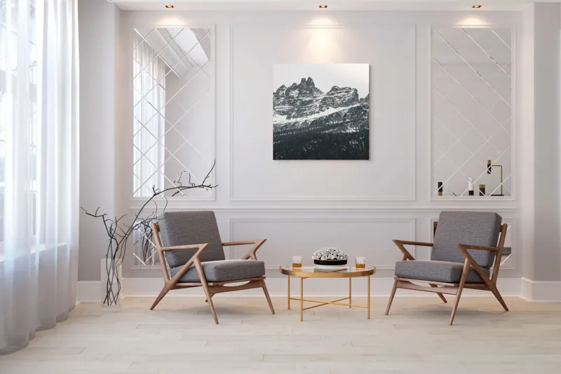 Tablou Canvas, "Muntele înzăpezit în lumina dimineții", Munte, Zăpadă, Stânci, Pini, Nor, Cărări, Culmi, Rece, Măreție, Natură, 100 x 100 cm – poza 7