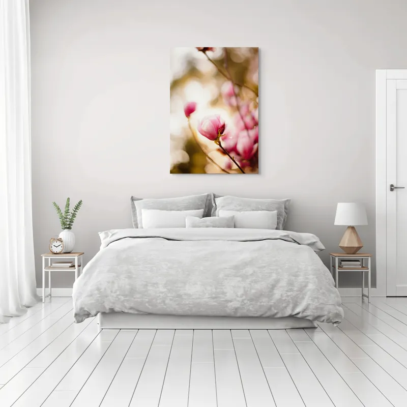 Tablou Canvas, "Flori de magnolie în amurgul primăverii", Flori, Magnolie, Roz, Delicat, Primăvară, Blândețe, Bokeh, Lumină, Natură, Frumusețe, 70 x 100 cm – poza 3