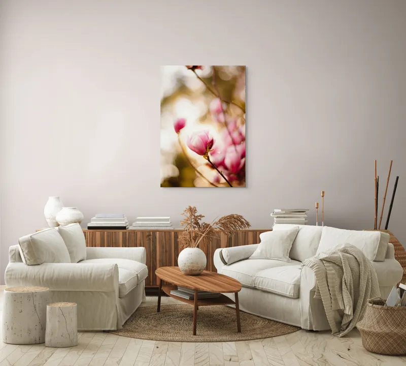 Tablou Canvas, "Flori de magnolie în amurgul primăverii", Flori, Magnolie, Roz, Delicat, Primăvară, Blândețe, Bokeh, Lumină, Natură, Frumusețe, 70 x 100 cm – poza 4