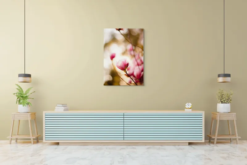 Tablou Canvas, "Flori de magnolie în amurgul primăverii", Flori, Magnolie, Roz, Delicat, Primăvară, Blândețe, Bokeh, Lumină, Natură, Frumusețe, 70 x 100 cm – poza 5