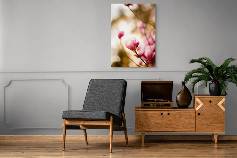 Tablou Canvas, "Flori de magnolie în amurgul primăverii", Flori, Magnolie, Roz, Delicat, Primăvară, Blândețe, Bokeh, Lumină, Natură, Frumusețe, 70 x 100 cm – poza 6