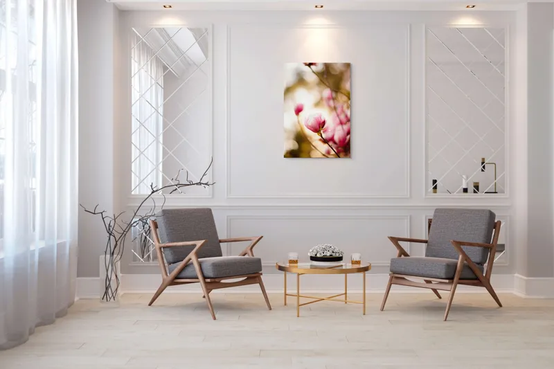 Tablou Canvas, "Flori de magnolie în amurgul primăverii", Flori, Magnolie, Roz, Delicat, Primăvară, Blândețe, Bokeh, Lumină, Natură, Frumusețe, 70 x 100 cm – poza 8