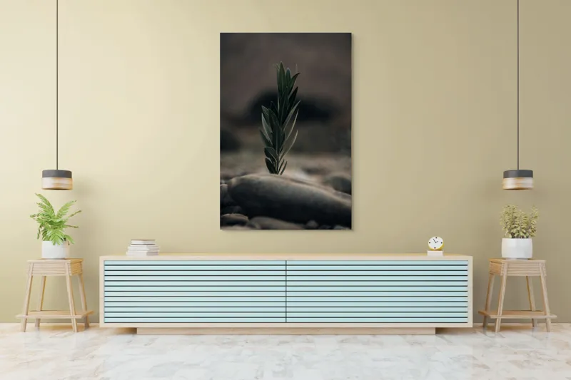 Tablou Canvas, "Tăria vieții într-un loc sterp", Frunza, Piatra, Tandrețe, Natură, Echilibru, Verde, Solitudine, Creștere, 100 x 150 cm – poza 4
