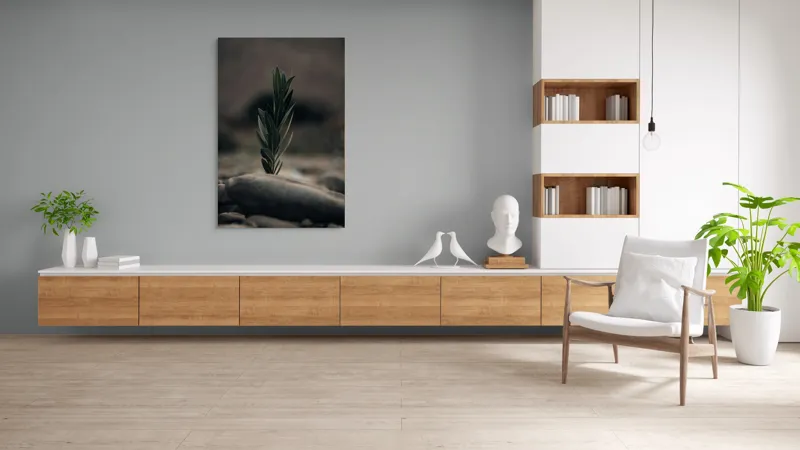 Tablou Canvas, "Tăria vieții într-un loc sterp", Frunza, Piatra, Tandrețe, Natură, Echilibru, Verde, Solitudine, Creștere, 100 x 150 cm – poza 8