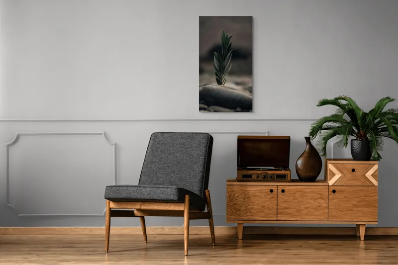 Tablou Canvas, "Tăria vieții într-un loc sterp", Frunza, Piatra, Tandrețe, Natură, Echilibru, Verde, Solitudine, Creștere, 50 x 90 cm – poza 8