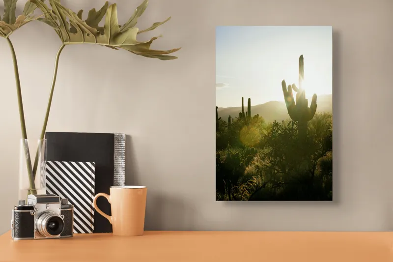 Tablou Canvas, "Răsărit printre cactușii deșertici", Soare, Apus, Cactuș, Siluetă, Deșert, Lumină, Peisaj, Natură, Arid, Tranquilitate, 26 x 39 cm – poza 3