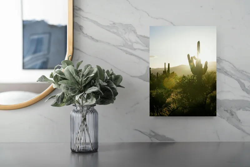 Tablou Canvas, "Răsărit printre cactușii deșertici", Soare, Apus, Cactuș, Siluetă, Deșert, Lumină, Peisaj, Natură, Arid, Tranquilitate, 26 x 39 cm – poza 4