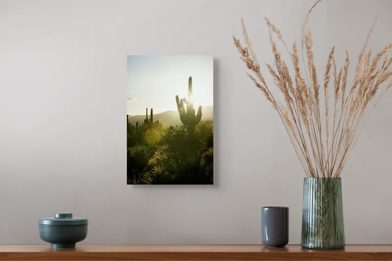 Tablou Canvas, "Răsărit printre cactușii deșertici", Soare, Apus, Cactuș, Siluetă, Deșert, Lumină, Peisaj, Natură, Arid, Tranquilitate, 26 x 39 cm – poza 5