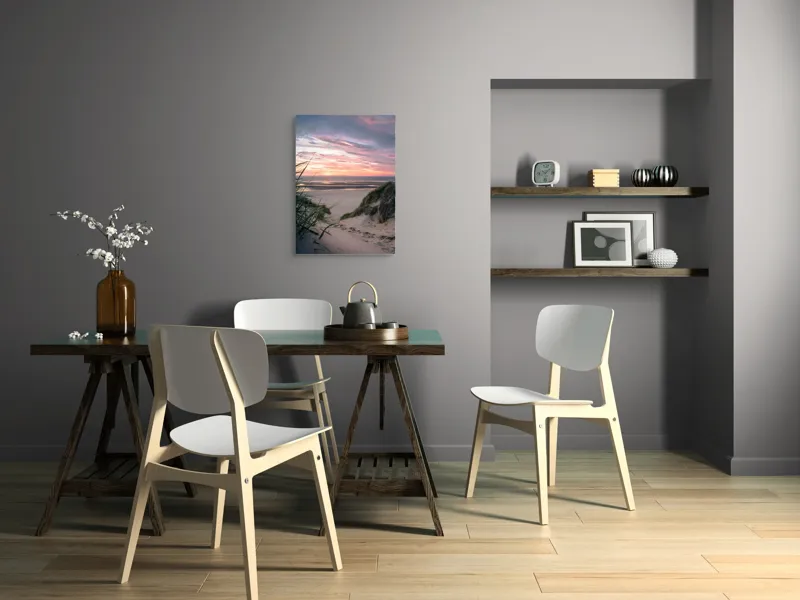 Tablou Canvas, "Apus de soare pe plajă liniștită", Plajă, Apus, Nori, Valuri, Dune, Iarbă, Culoare, Liniște, Peisaj, Natură, 50 x 70 cm – poza 5