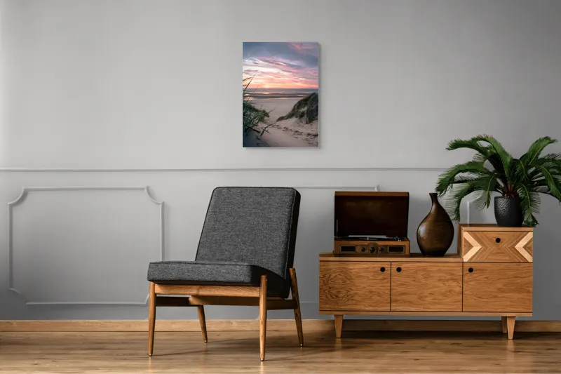 Tablou Canvas, "Apus de soare pe plajă liniștită", Plajă, Apus, Nori, Valuri, Dune, Iarbă, Culoare, Liniște, Peisaj, Natură, 50 x 70 cm – poza 8