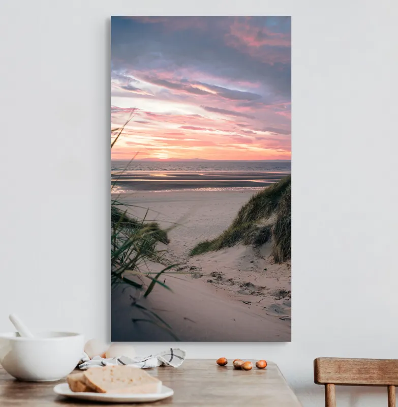 Tablou Canvas, "Apus de soare pe plajă liniștită", Plajă, Apus, Nori, Valuri, Dune, Iarbă, Culoare, Liniște, Peisaj, Natură, 50 x 90 cm – poza 3