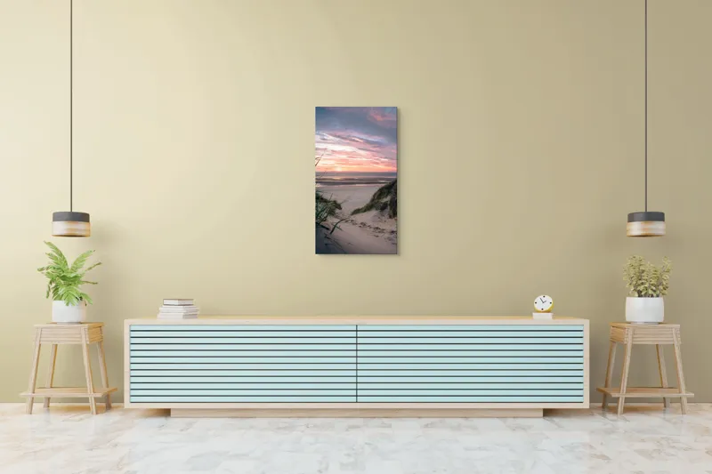 Tablou Canvas, "Apus de soare pe plajă liniștită", Plajă, Apus, Nori, Valuri, Dune, Iarbă, Culoare, Liniște, Peisaj, Natură, 50 x 90 cm – poza 6