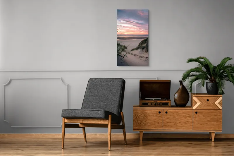 Tablou Canvas, "Apus de soare pe plajă liniștită", Plajă, Apus, Nori, Valuri, Dune, Iarbă, Culoare, Liniște, Peisaj, Natură, 50 x 90 cm – poza 8