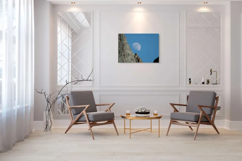 Tablou Canvas, "Luna printre vârfurile muntelui stâncos", Rocă, Lună, Păsări, Cer, Albastru, 100 x 70 cm – poza 5