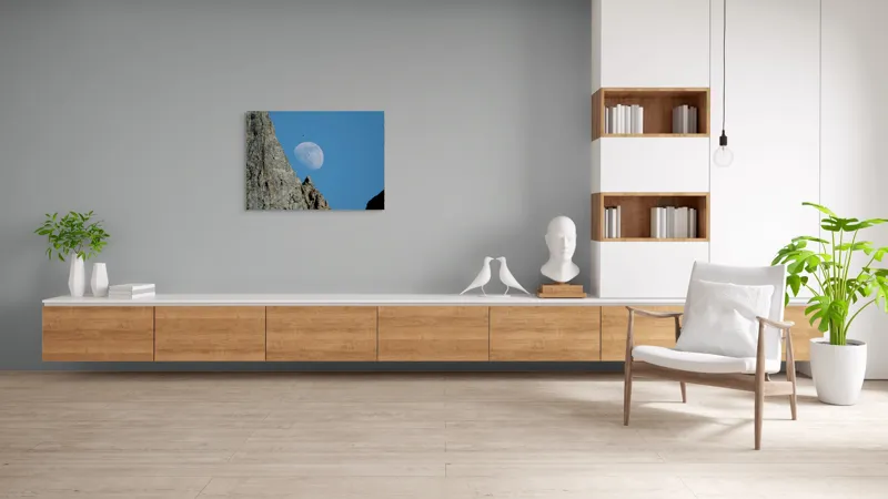 Tablou Canvas, "Luna printre vârfurile muntelui stâncos", Rocă, Lună, Păsări, Cer, Albastru, 100 x 70 cm – poza 6