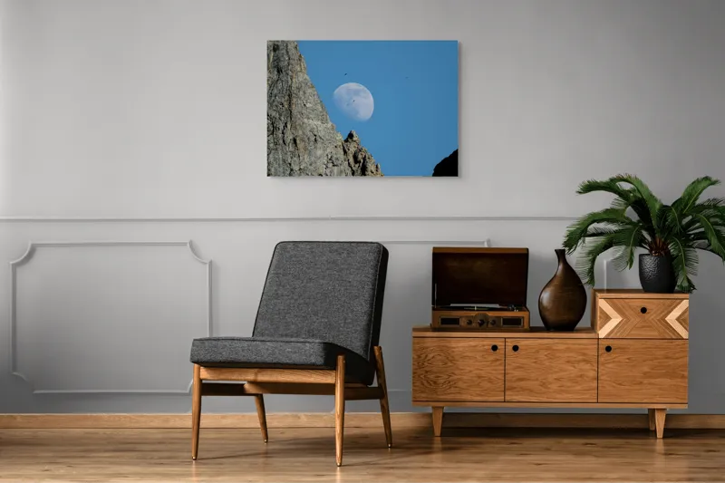 Tablou Canvas, "Luna printre vârfurile muntelui stâncos", Rocă, Lună, Păsări, Cer, Albastru, 100 x 70 cm – poza 8