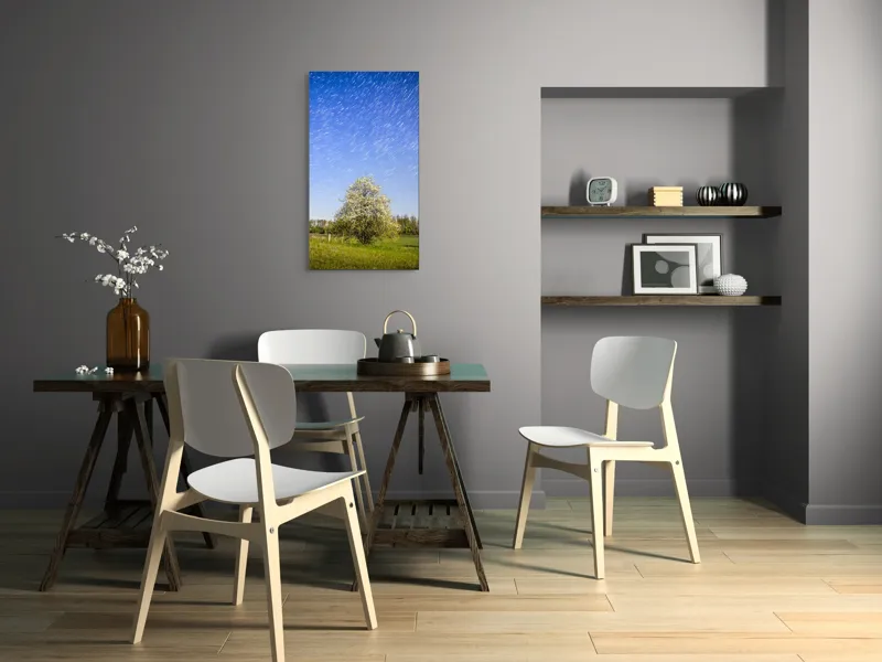 Tablou Canvas, "Furtuna de stele deasupra copacului alb", Cer, Stele, Copac, Câmp, Flori, Noapte, Natură, Lumină, Frumusețe, Peisaj, 50 x 90 cm – poza 4